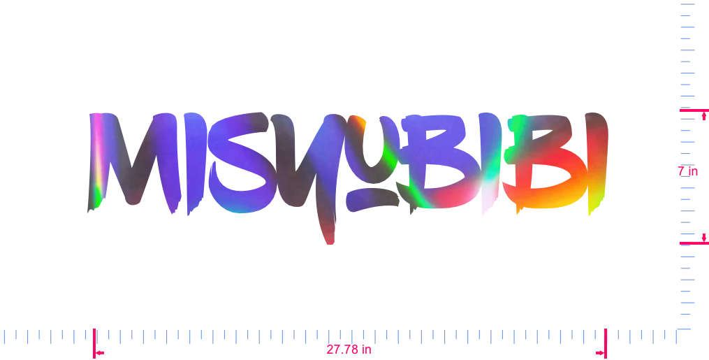 Text Misyubibi Vinyl custom lettering decall/7 x 27.78 in/ OilSlick Chrome /