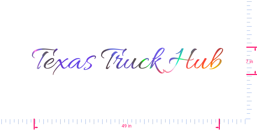 Text Texas Truck Hub Vinyl custom lettering decall/7 x 49 in/ OilSlick Chrome /